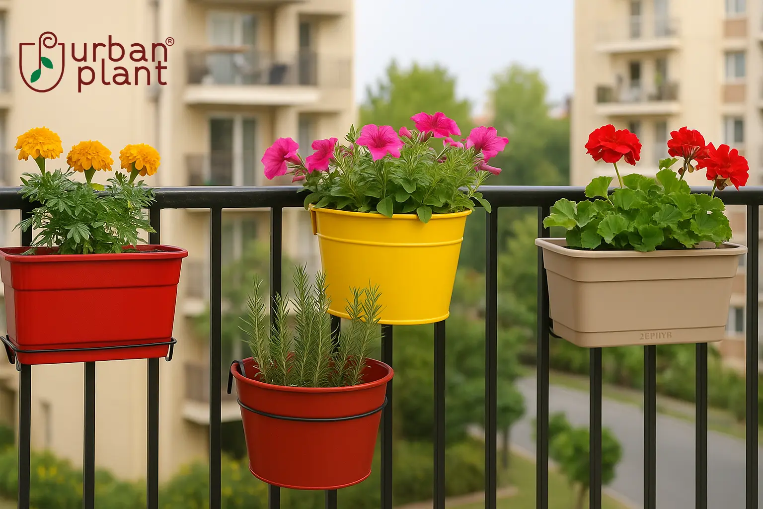 Top railing planters from Urban Plant displayed on an Indian apartment balcony – stylish, colorful planters with herbs and flowers enhancing modern railing décor